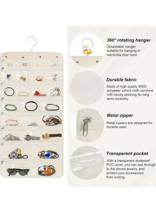 Freegrace Hanging Jewelry Organizer Revolving Hanger - Secure Zipper Closure - 50 Pockets - Foldable Storage & Display Solution - For All Jewelry & Bijoux (Beige) - Image 1