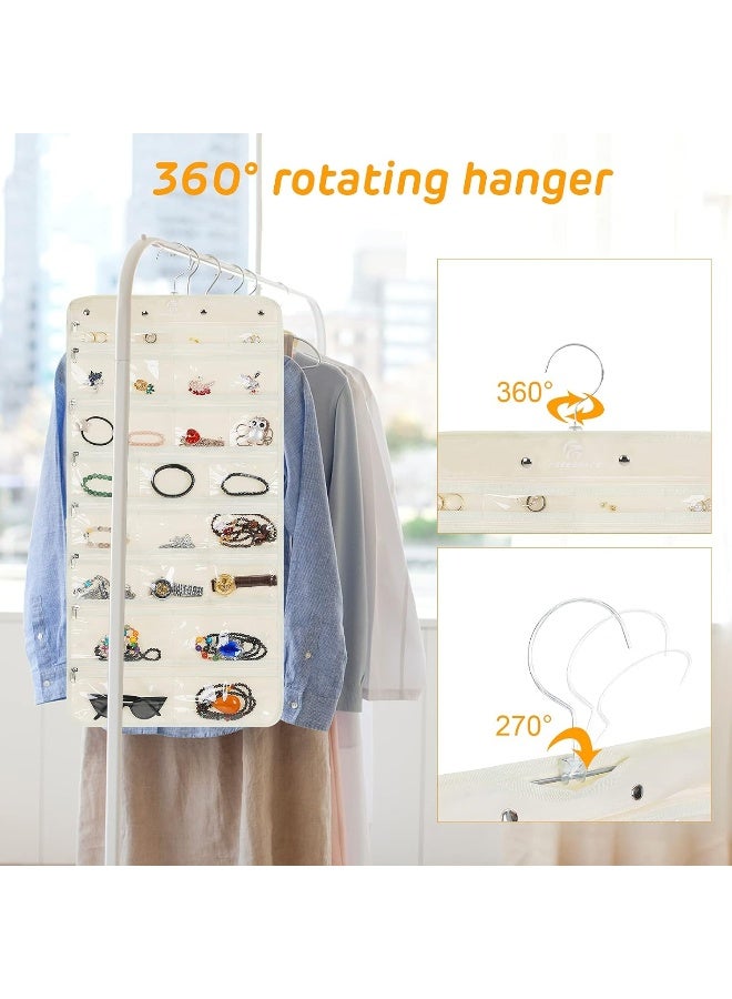 Freegrace Hanging Jewelry Organizer Revolving Hanger - Secure Zipper Closure - 50 Pockets - Foldable Storage & Display Solution - For All Jewelry & Bijoux (Beige) - Image 3