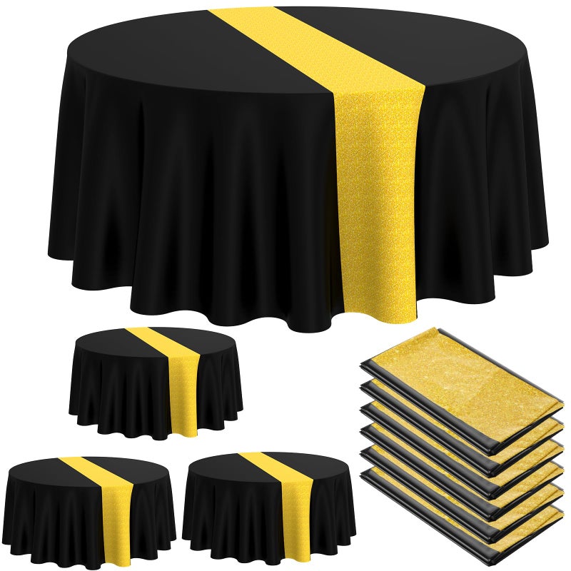 Oudain 6 Pcs Round Plastic Disposable Tablecloth 84 Inch Stain and Wrinkle Resistant Table Cover Tablecloths for Graduation Birthday Party Wedding Baby Shower DecorationBlack Gold