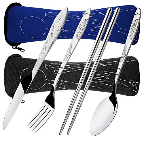 SENHAI 8 Pieces Flatware Sets Knife, Fork, Spoon, Chopsticks, SENHAI 2 Pack Rustproof Stainless Steel Tableware Dinnerware with Carrying Case for Traveling Camping Picnic Working Hiking(Dark Blue,Black) - Image 1