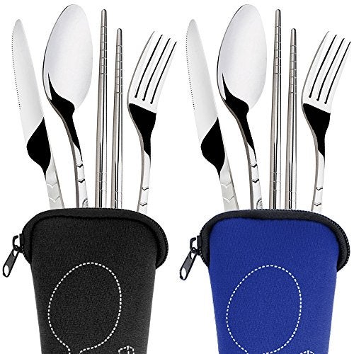 SENHAI 8 Pieces Flatware Sets Knife, Fork, Spoon, Chopsticks, SENHAI 2 Pack Rustproof Stainless Steel Tableware Dinnerware with Carrying Case for Traveling Camping Picnic Working Hiking(Dark Blue,Black) - Image 2
