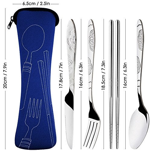 SENHAI 8 Pieces Flatware Sets Knife, Fork, Spoon, Chopsticks, SENHAI 2 Pack Rustproof Stainless Steel Tableware Dinnerware with Carrying Case for Traveling Camping Picnic Working Hiking(Dark Blue,Black) - Image 4