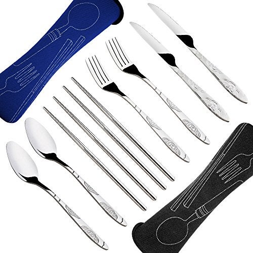 SENHAI 8 Pieces Flatware Sets Knife, Fork, Spoon, Chopsticks, SENHAI 2 Pack Rustproof Stainless Steel Tableware Dinnerware with Carrying Case for Traveling Camping Picnic Working Hiking(Dark Blue,Black) - Image 3