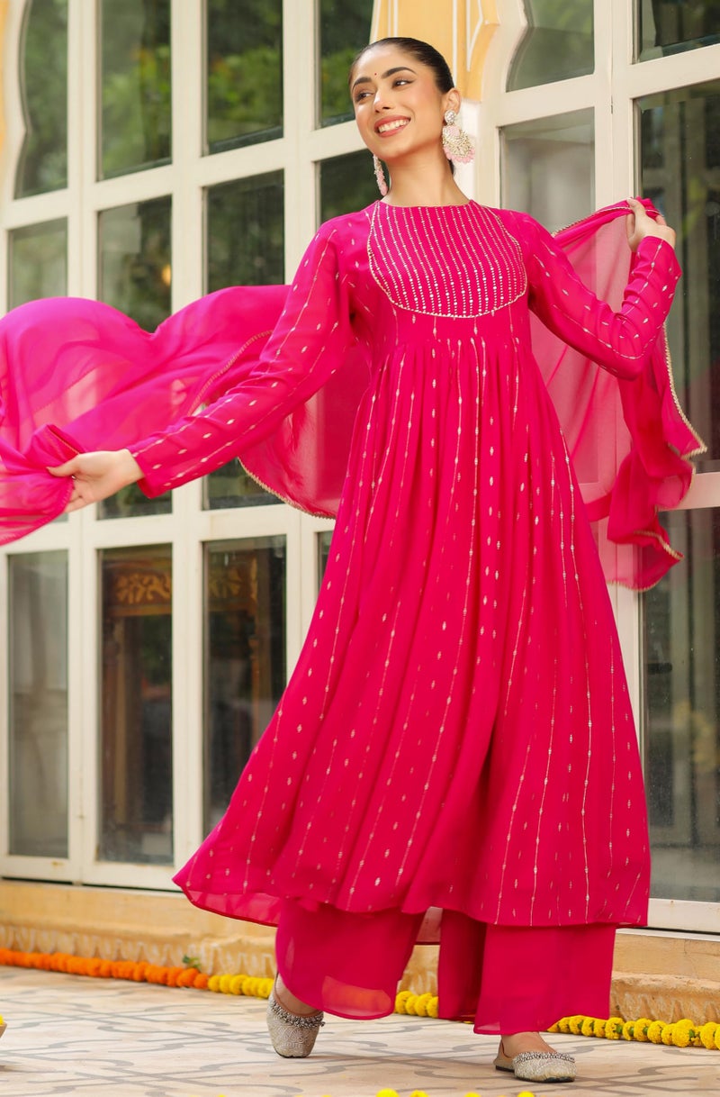 Janasya Pink Georgette Kurta with Palazzo & Dupatta For Women Foil Print Print Ethnic Wear - Image 2