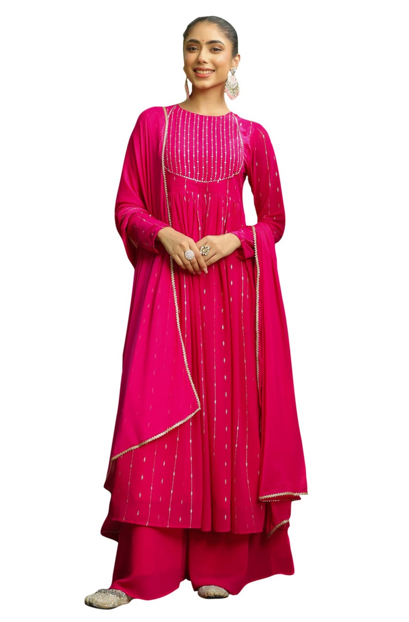 Janasya Pink Georgette Kurta with Palazzo & Dupatta For Women Foil Print Print Ethnic Wear - Image 1