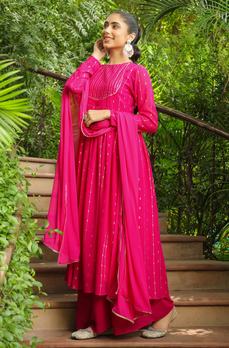 Janasya Pink Georgette Kurta with Palazzo & Dupatta For Women Foil Print Print Ethnic Wear - Image 5