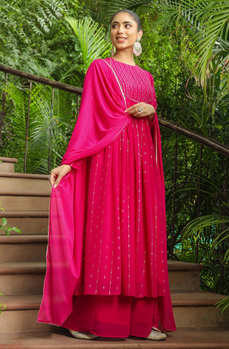 Janasya Pink Georgette Kurta with Palazzo & Dupatta For Women Foil Print Print Ethnic Wear - Image 4