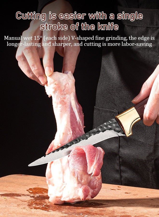 Hand-forged sharp boning knife three-piece set, knife set, sharp high carbon stainless steel boning knife, meat cleaver, bone razor, kitchen knife (with leather sheath) - Image 4