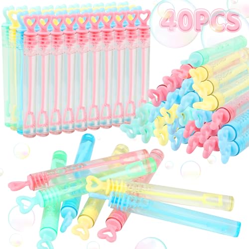 LOAVER 40 Pack Valentines Day Mini Heart Bubble Wands for KidsValentines Day Assorted Pastel Color Bubble Wands Toys for Class Party Exchange Gifts Wedding Goodie Bag Fillers - Image 1
