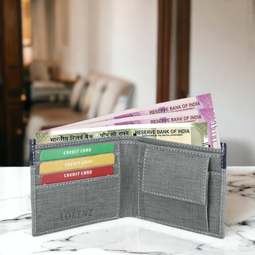LORENZ Men's Stylish Bi-Fold Grey & Blue Wallet with Coin Pocket & Card Holders – Slim PU Leather Wallet for Men - Image 2