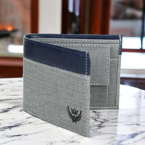 LORENZ Men's Stylish Bi-Fold Grey & Blue Wallet with Coin Pocket & Card Holders – Slim PU Leather Wallet for Men - Image 4
