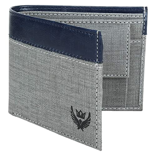 LORENZ Men's Stylish Bi-Fold Grey & Blue Wallet with Coin Pocket & Card Holders – Slim PU Leather Wallet for Men - Image 1