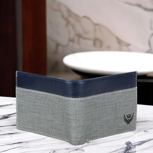 LORENZ Men's Stylish Bi-Fold Grey & Blue Wallet with Coin Pocket & Card Holders – Slim PU Leather Wallet for Men - Image 3