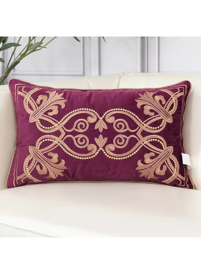 Aeckself Floral Pillow Cover 12x20 Inch, Luxury Velvet Embroidered Decorative Lumbar Throw Pillow Cover for Couch Bedroom Living Room, Burgundy Red and Gold - Image 1