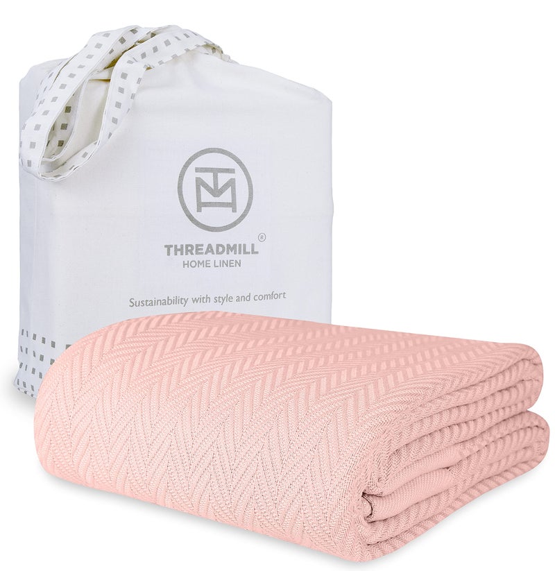 Threadmill Luxury Cotton Blankets for Twin Size Bed | All-Season 100% Cotton Twin Blanket for Bed | Herringbone Lightweight, Soft & Cozy Fall Thermal Blanket, 350GSM, 68x92 inches | English Rose - Image 1