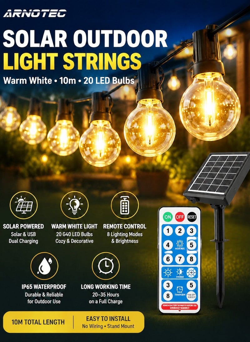 ARNOTEC Solar G40 LED String Lights Outdoor, 10M 20 Bulbs Warm White, Waterproof Garden Patio Decorative Lights with Solar Panel Stand, Remote Control & USB Charging - Image 1