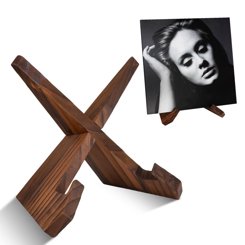 Snado â€ŒNow Playing Vinyl Record Album Stand - Rustic Brown Handcrafted Solid Wood Retro Display & Storage Holder, Gifts for LP Lovers - Image 1