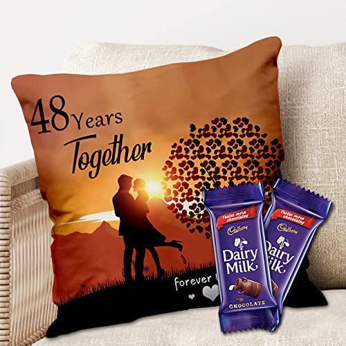 Midiron Chocolate Gift Anniversary Chocolate Gift 48 Year Together Forever Printed Cushion with Dairy Milk Chocolate Gift for Wife Husband Chocolate with Pillow