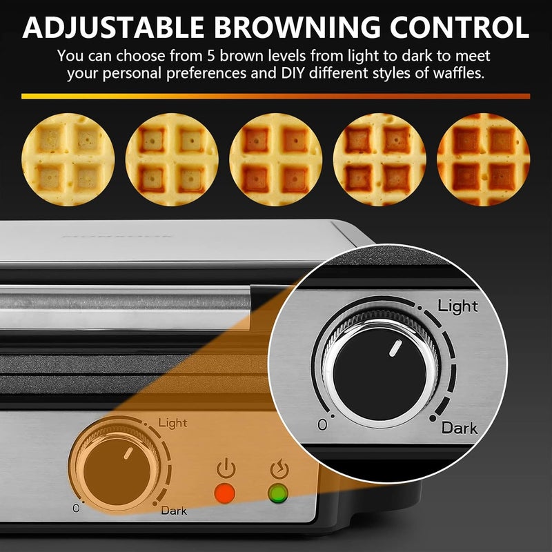 yashe Belgian Waffle Maker, 4-Slice Square Waffle Maker, 1200W Waffle Iron with 5 Browning Knob, Indicator Lights, Anti-overflow, Non-Stick Coating, 1200W, Silver/Black - Image 3