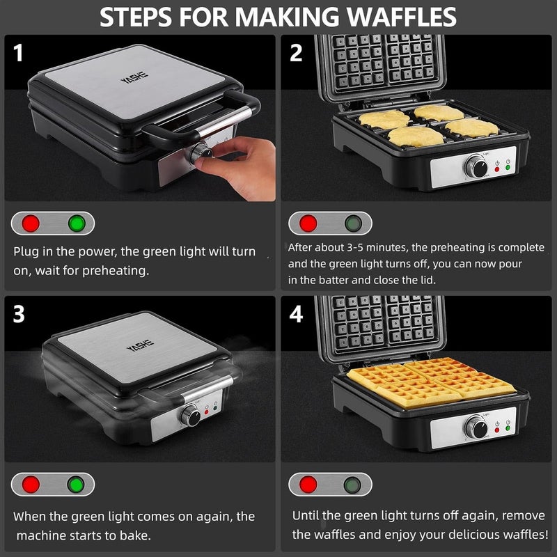 yashe Belgian Waffle Maker, 4-Slice Square Waffle Maker, 1200W Waffle Iron with 5 Browning Knob, Indicator Lights, Anti-overflow, Non-Stick Coating, 1200W, Silver/Black - Image 4