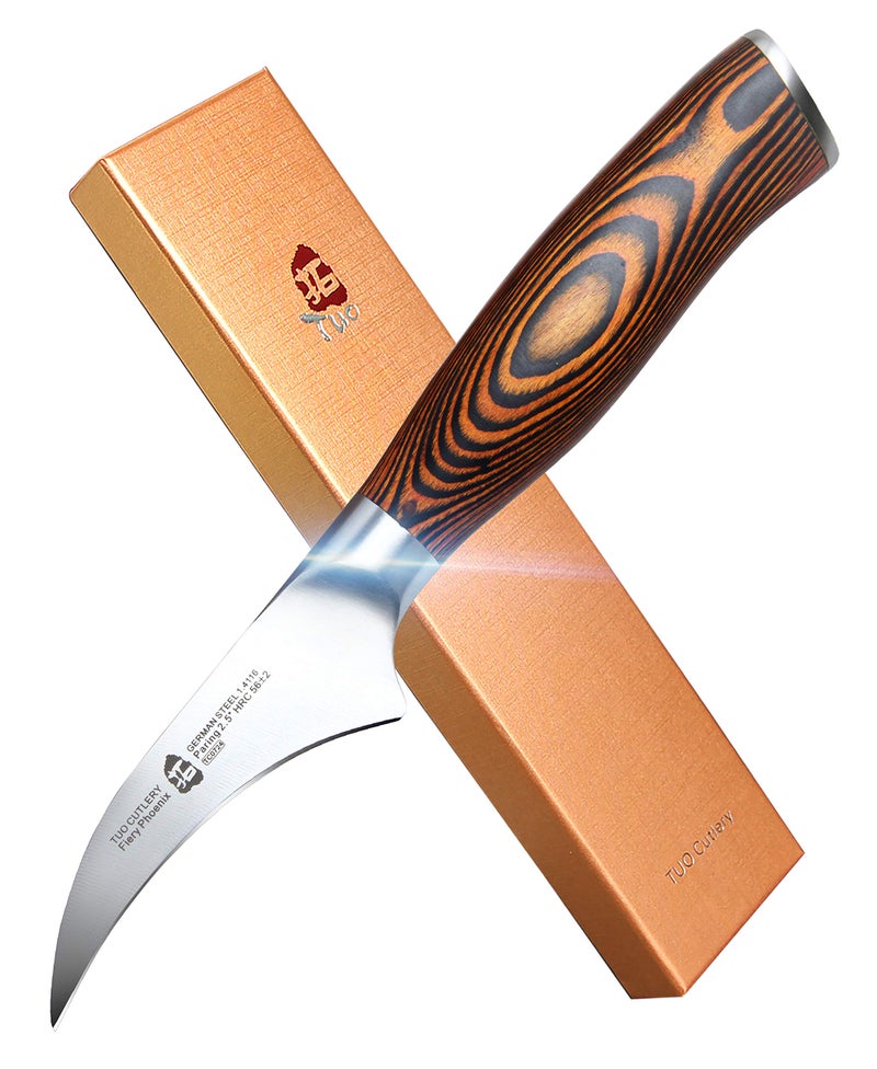 TUO BirdBeak Paring Knife Handy Peeling Knife German X50CrMoV15 Stainless Steel Full Tang Eyecatching Ergonomic Pakkawood Handle Razor Sharp Stain Rust Resistant Fiery Series 25 inch