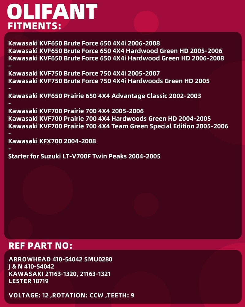 OLIFANT 12V 1.4kW Metal Starter for Kawasaki Brute Force 650/750 and Teryx Models - Image 2