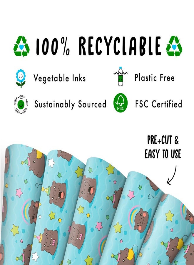 CENTRAL 23 Blue Wrapping Paper - 6 Sheets Of Birthday Gift Wrap - Hippo Swimming - Hippopotamus Star Rainbow - For Men Women Kids - Comes With Stickers - Image 3