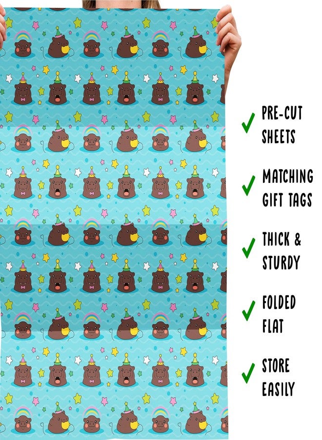 CENTRAL 23 Blue Wrapping Paper - 6 Sheets Of Birthday Gift Wrap - Hippo Swimming - Hippopotamus Star Rainbow - For Men Women Kids - Comes With Stickers - Image 5