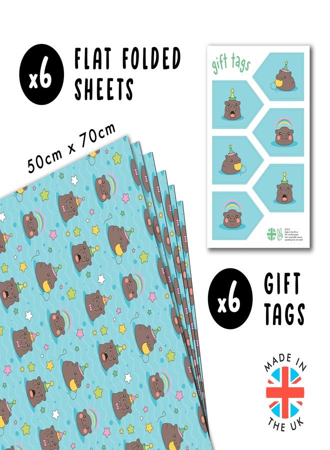CENTRAL 23 Blue Wrapping Paper - 6 Sheets Of Birthday Gift Wrap - Hippo Swimming - Hippopotamus Star Rainbow - For Men Women Kids - Comes With Stickers - Image 2