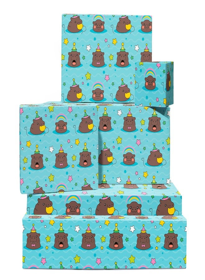 CENTRAL 23 Blue Wrapping Paper - 6 Sheets Of Birthday Gift Wrap - Hippo Swimming - Hippopotamus Star Rainbow - For Men Women Kids - Comes With Stickers - Image 1