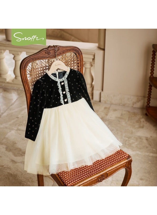 Snoffy Girls' Dress Children's Princess Dress Autumn Velvet Noble Splicing Mesh Skirt Elegant Black 120 - Image 4
