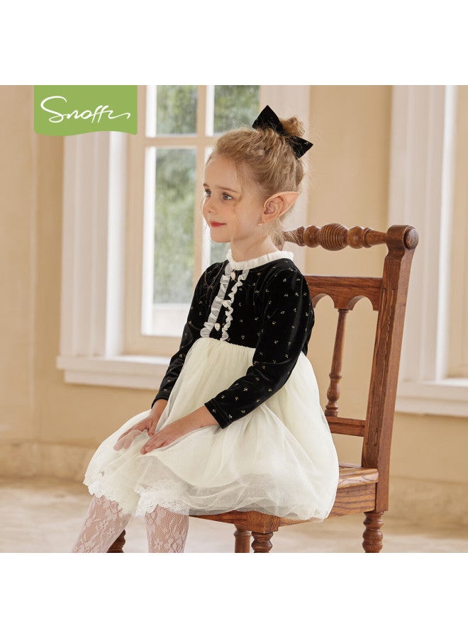 Snoffy Girls' Dress Children's Princess Dress Autumn Velvet Noble Splicing Mesh Skirt Elegant Black 120 - Image 3