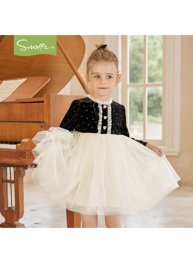 Snoffy Girls' Dress Children's Princess Dress Autumn Velvet Noble Splicing Mesh Skirt Elegant Black 120 - Image 1