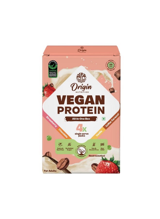 ORIGIN NUTRITION 100% Natural Vegan Plant Protein Powder, Multi Flavour Pack (Chocolate, Strawberry, Vanilla And Coffee Caramel)  - Image 1
