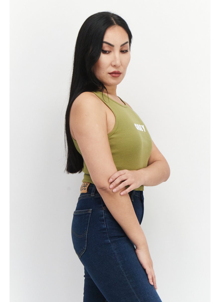 OBEY Women Round Neck Sleeveless Ribbed Tank Top, Olive  - Image 3