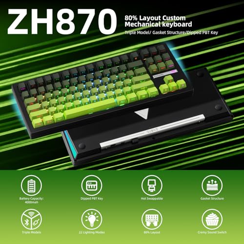 ZORNHER ZH870 Wireless Mechanical Gaming Keyboard80 Green Custom Creamy Sound Keyboard with Shine Through PBT KeycapsPrelubed Linear SwitchesHotSwappableRGB Backlit24GHzUSBCBT50 - Image 3
