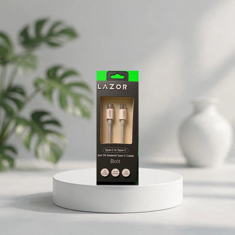 لازور كابل LAZOR Bolt CT76 من Type-C إلى Type-C، شحن سريع 3A، مادة TPE ناعمة، 1 متر، رمادي - Image 1