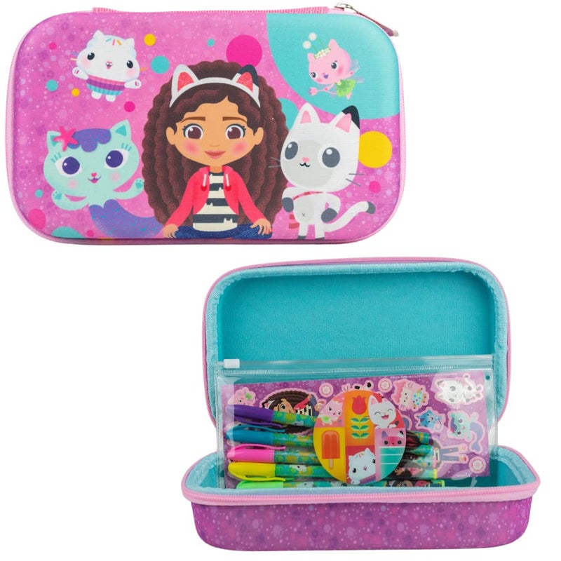 Innovative Designs Gabbys Dollhouse Pencil Case Set with Stickers and Gel Pens for Kids Molded with Zip Closure Purple