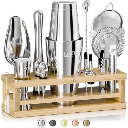 BARE BARREL® Mixology Bartender Kit Bar Set | 16-Piece Cocktail Shaker Set | Martini Barware Mixing Tools for Home Bartending | Incl. 35 Recipe Cards | Gift Set (28oz Boston Shaker, Silver/Natural) - Image 1