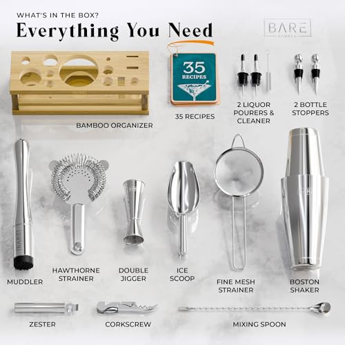 BARE BARREL® Mixology Bartender Kit Bar Set | 16-Piece Cocktail Shaker Set | Martini Barware Mixing Tools for Home Bartending | Incl. 35 Recipe Cards | Gift Set (28oz Boston Shaker, Silver/Natural) - Image 4