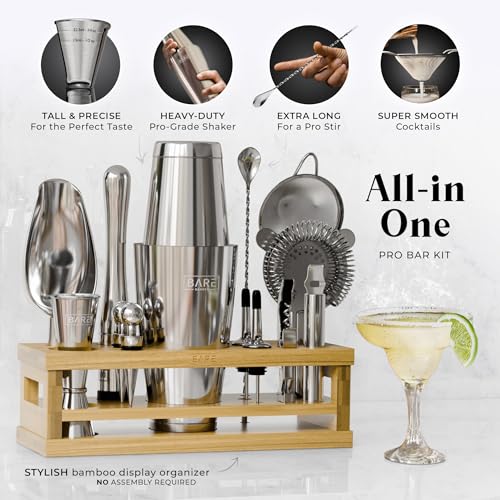BARE BARREL® Mixology Bartender Kit Bar Set | 16-Piece Cocktail Shaker Set | Martini Barware Mixing Tools for Home Bartending | Incl. 35 Recipe Cards | Gift Set (28oz Boston Shaker, Silver/Natural) - Image 2