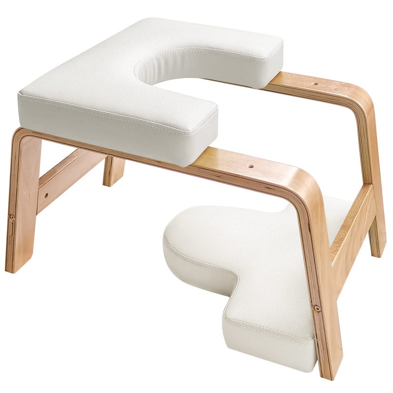 Restrial Life Yoga Headstand Bench Stand Yoga Chair for Family Gym Wood and PU Pads Relieve Fatigue and Build Up Body White 2516141575inch