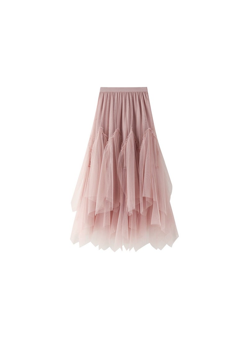 Loquat Women's High Waisted Ruffled Edge Patchwork Mesh Skirt Pink  - Image 1