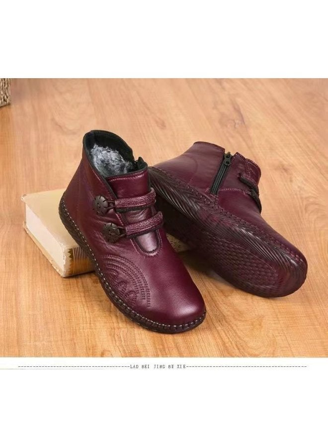 Winter Leather Boots Women's Cotton Shoes Fleece-lined Thick Warm Mom Shoes Flat Non-slip Middle-aged And Elderly Grandma Cotton Boots Short Boots Women