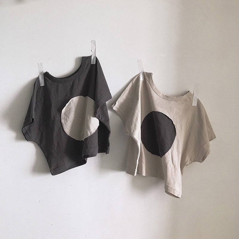 Korean-Style Retro-Style Boys And Girls Neutral-Style Circle Cloth Washed Cotton Loose Short-Sleeved T-Shirt Baby Stylish Toddler T-Shirt - Image 2