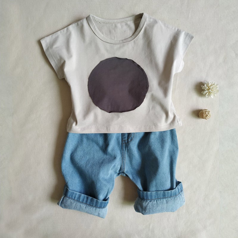 Korean-Style Retro-Style Boys And Girls Neutral-Style Circle Cloth Washed Cotton Loose Short-Sleeved T-Shirt Baby Stylish Toddler T-Shirt - Image 4