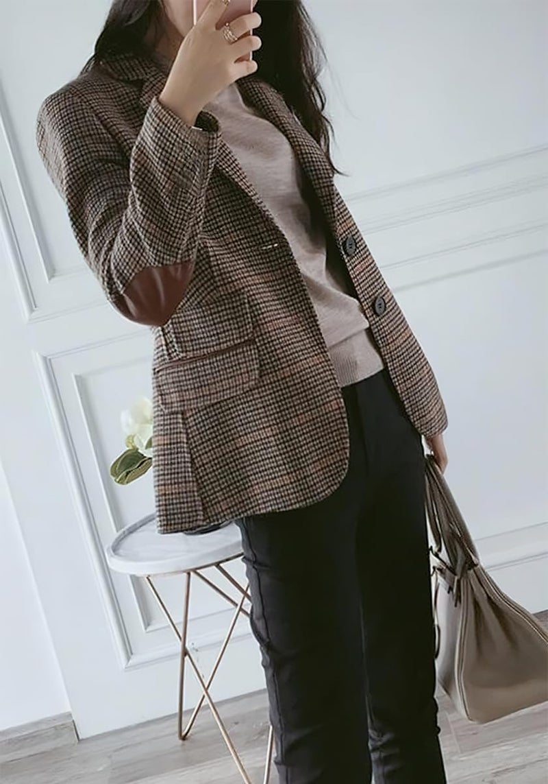 ebossy Womens Vintage Nothced Lapel Single Breasted Boyfriend Blazer Suits Houndstooth Plaid Jacket Coat with Patched Elbow (2X-Large,Khaki-a) - Image 4