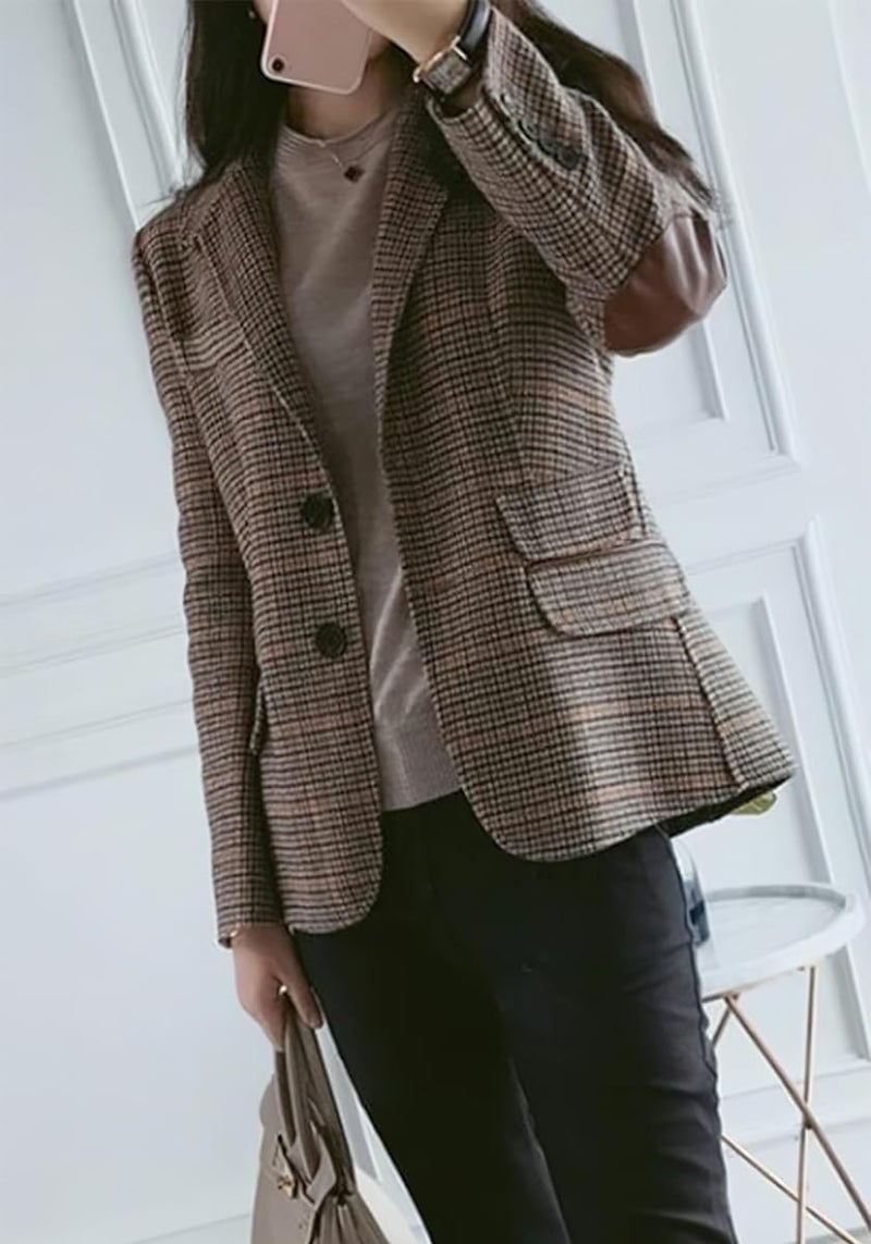 ebossy Womens Vintage Nothced Lapel Single Breasted Boyfriend Blazer Suits Houndstooth Plaid Jacket Coat with Patched Elbow (2X-Large,Khaki-a) - Image 2