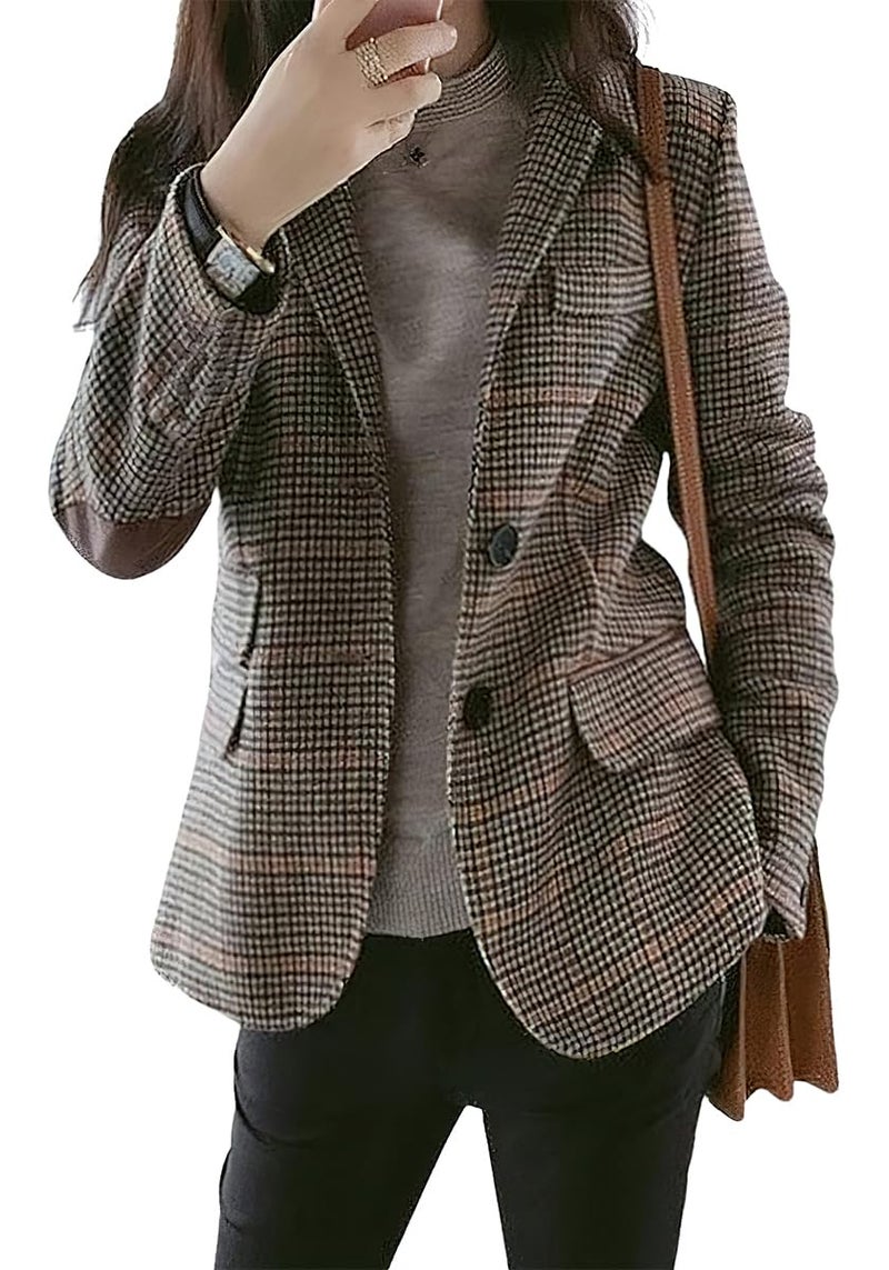 ebossy Womens Vintage Nothced Lapel Single Breasted Boyfriend Blazer Suits Houndstooth Plaid Jacket Coat with Patched Elbow (2X-Large,Khaki-a) - Image 1