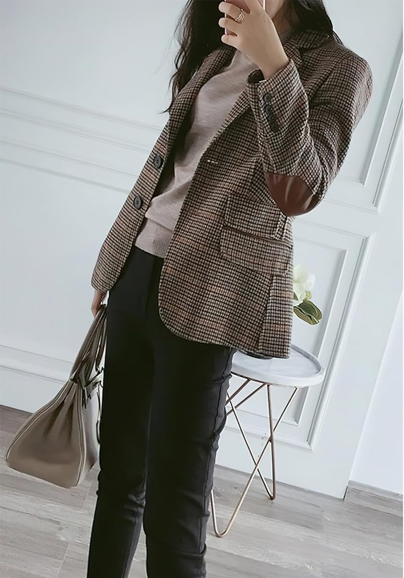 ebossy Womens Vintage Nothced Lapel Single Breasted Boyfriend Blazer Suits Houndstooth Plaid Jacket Coat with Patched Elbow (2X-Large,Khaki-a) - Image 3